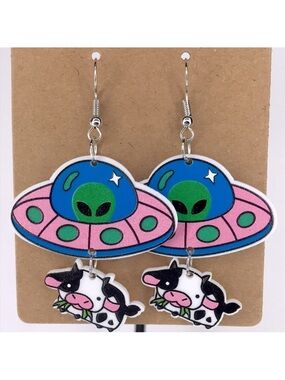 Acrylic UFO Drop Cow Earrings Fun & Cute Dangle Earrings